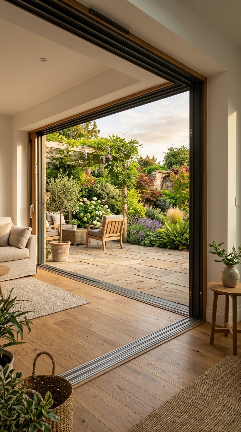 Open bronze-framed sliding doors connect an oak floor to a sandstone patio and landscaped yard.