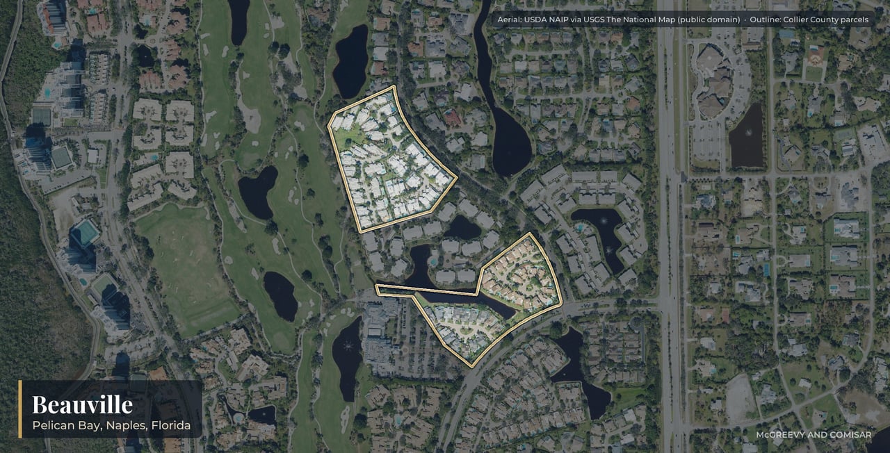 Aerial view of Beauville at Pelican Bay, Naples, Florida, with its parcels outlined
