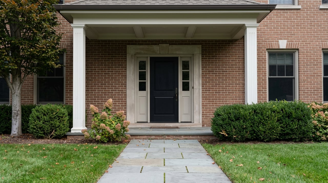 Brick house entrance with a black paneled door, fluted white columns, and a bluestone walk edged by lawn.