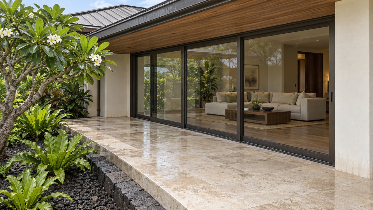 Rain-darkened limestone lanai beside closed bronze-framed glass doors, with a flowering plumeria and bird’s-nest ferns in a lava gravel garden.