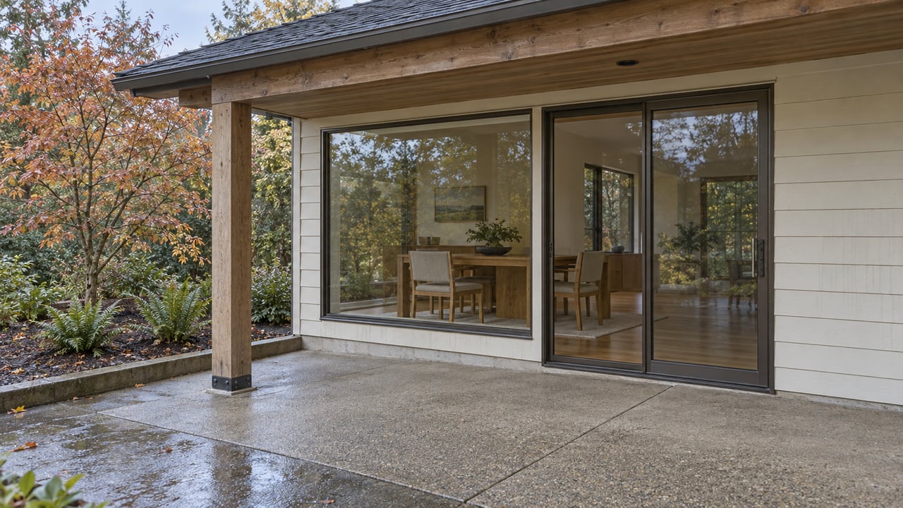 Covered patio of a single-story home with weathered cedar supports, closed glazed dining-room doors and autumn planting beside damp concrete.