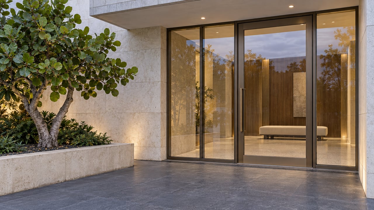 Bronze-framed glass condominium entrance beneath a concrete canopy, with limestone walls and a sea grape specimen in a raised planter at dusk.