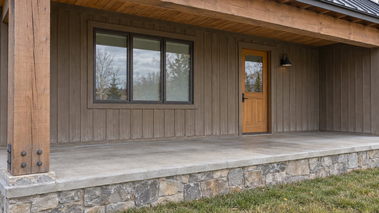 Covered wood-and-stone home entry with a timber porch, bronze-framed window and autumn lawn.