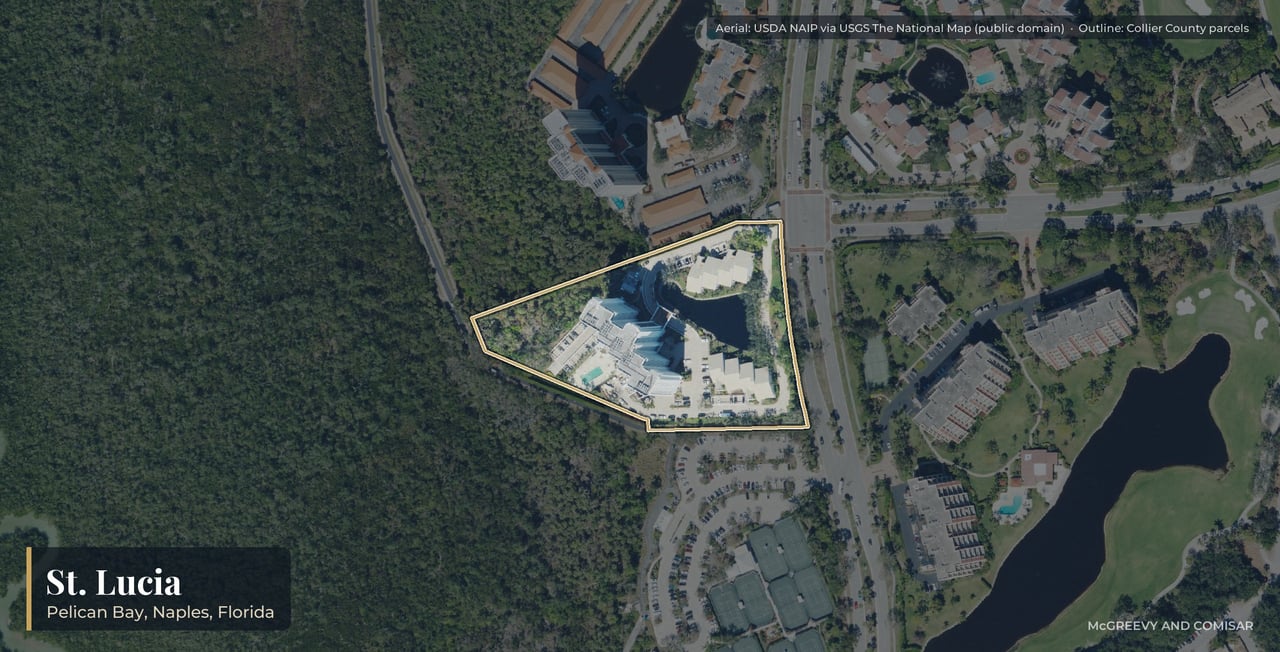Aerial view of St. Lucia at Pelican Bay, Naples, Florida, with its parcels outlined