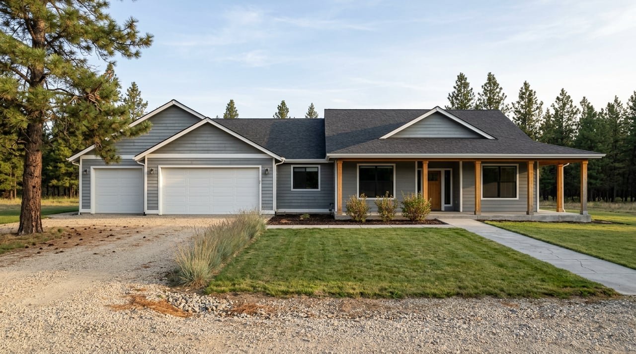 Gray-sided home with triple white garage doors, timber porch, gravel drive, and a tall pine.