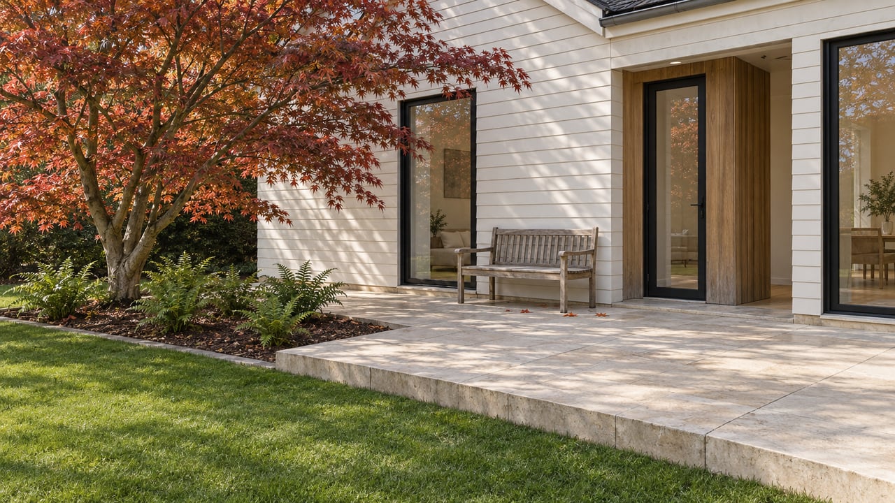 Light-sided home with black-framed glazing, a limestone garden terrace, weathered teak bench and copper-red Japanese maple.
