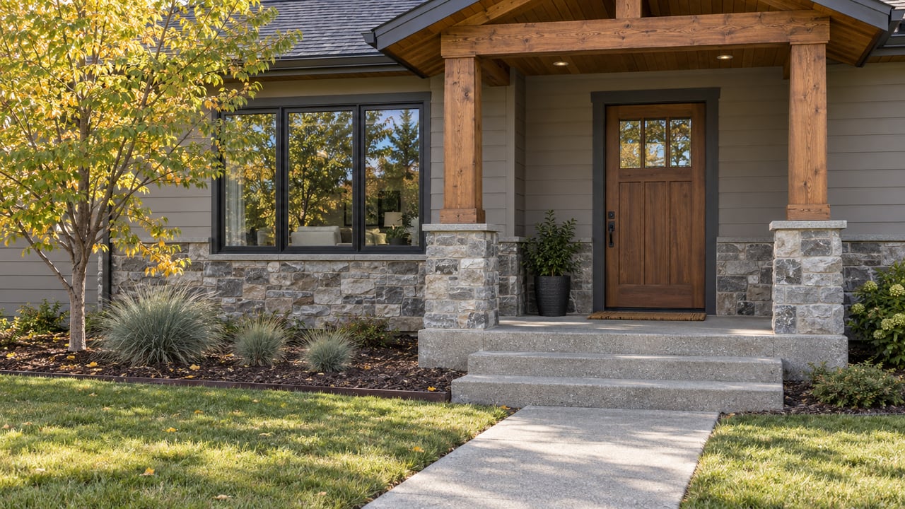 Home entrance with a timber porch, stone column bases, wooden door, and autumn tree.