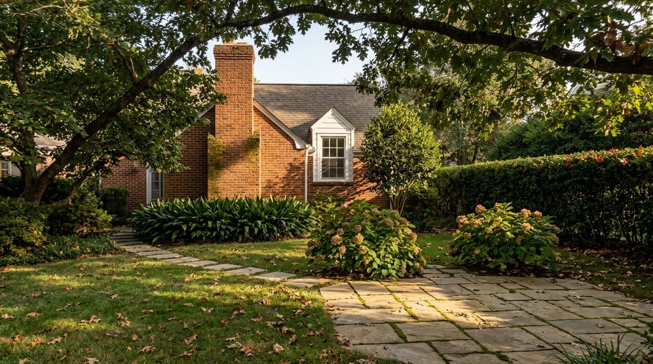 Compact backyard with flagstone patio, stepping-stone path, oakleaf hydrangeas, clipped hedge, and brick-chimneyed house.