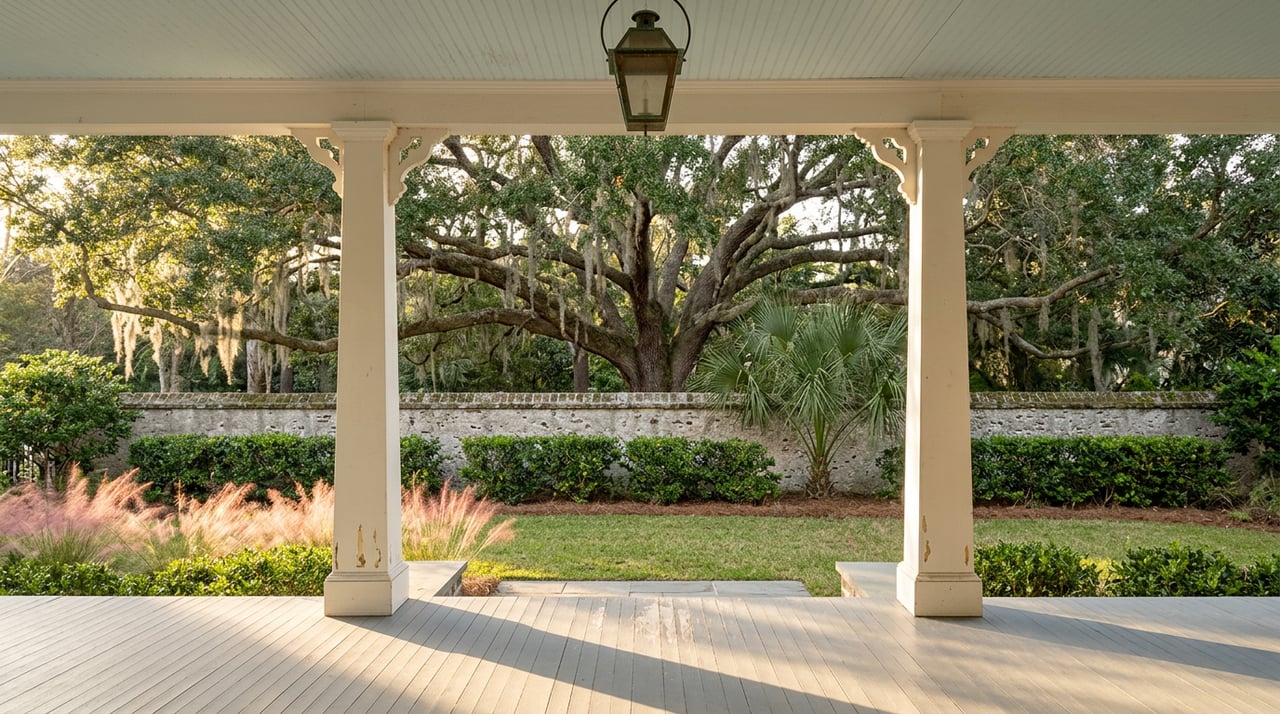 White porch columns frame a live oak with Spanish moss, a tabby garden wall, and a palmetto beyond gray floorboards.