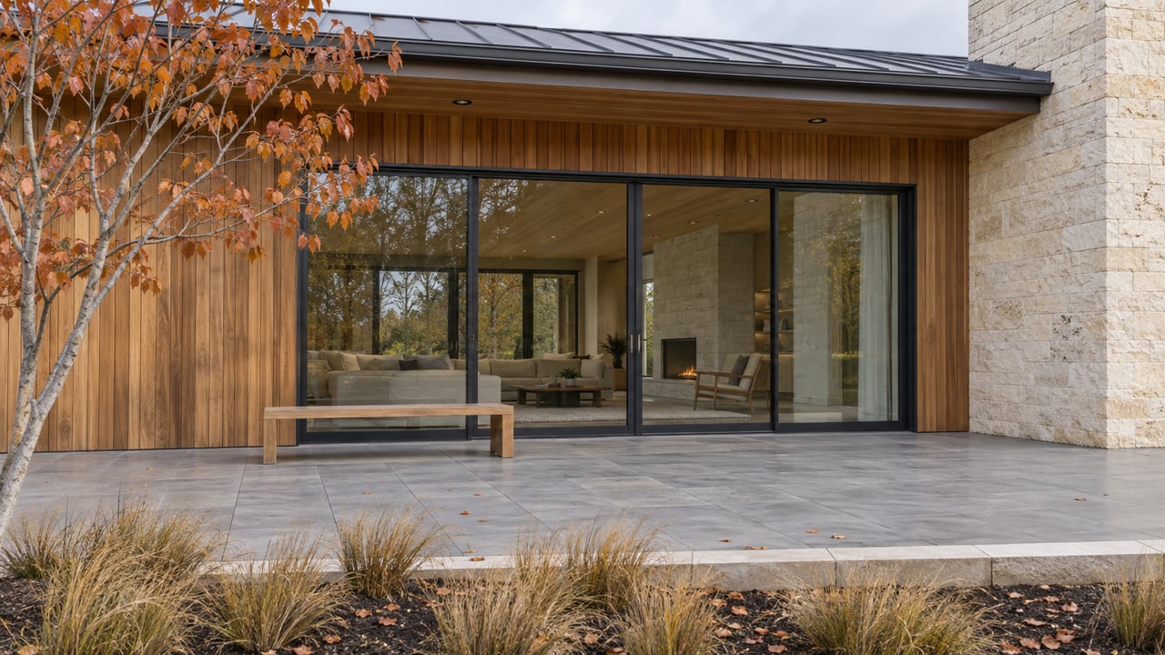 Cedar-clad house bay with dark-framed glass doors, limestone chimney, oak bench, and copper-leaved tree.