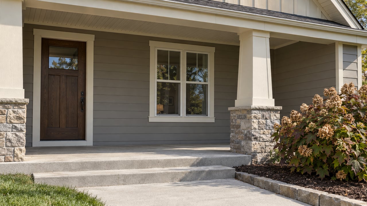 Covered home entry with warm-gray siding, a stone-based porch pier, concrete steps, and an oakleaf hydrangea with autumn foliage.