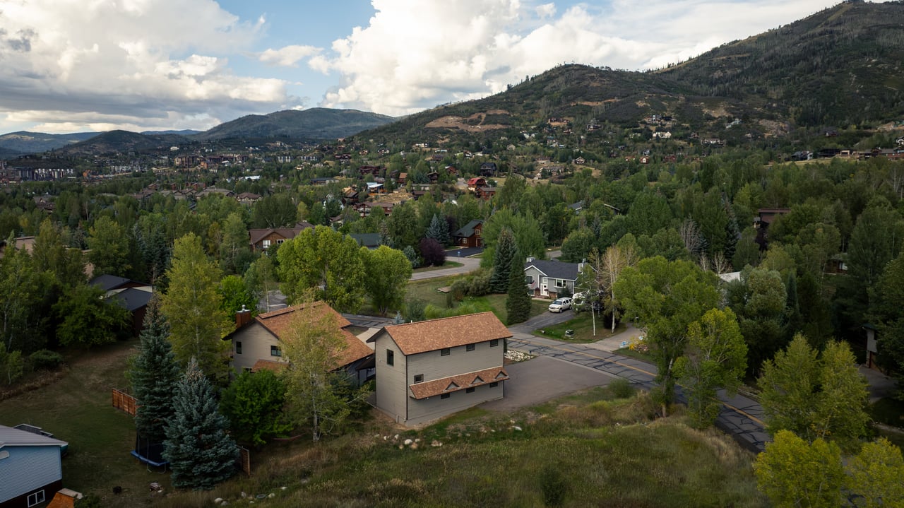 Aerial view of two Meadow Lane buildings amid trees, with a neighborhood and mountains beyond.