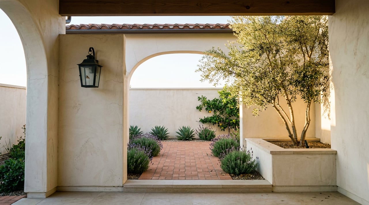 Stucco arch opens onto a terracotta-paved courtyard with an olive tree, lavender, and a black iron lantern.
