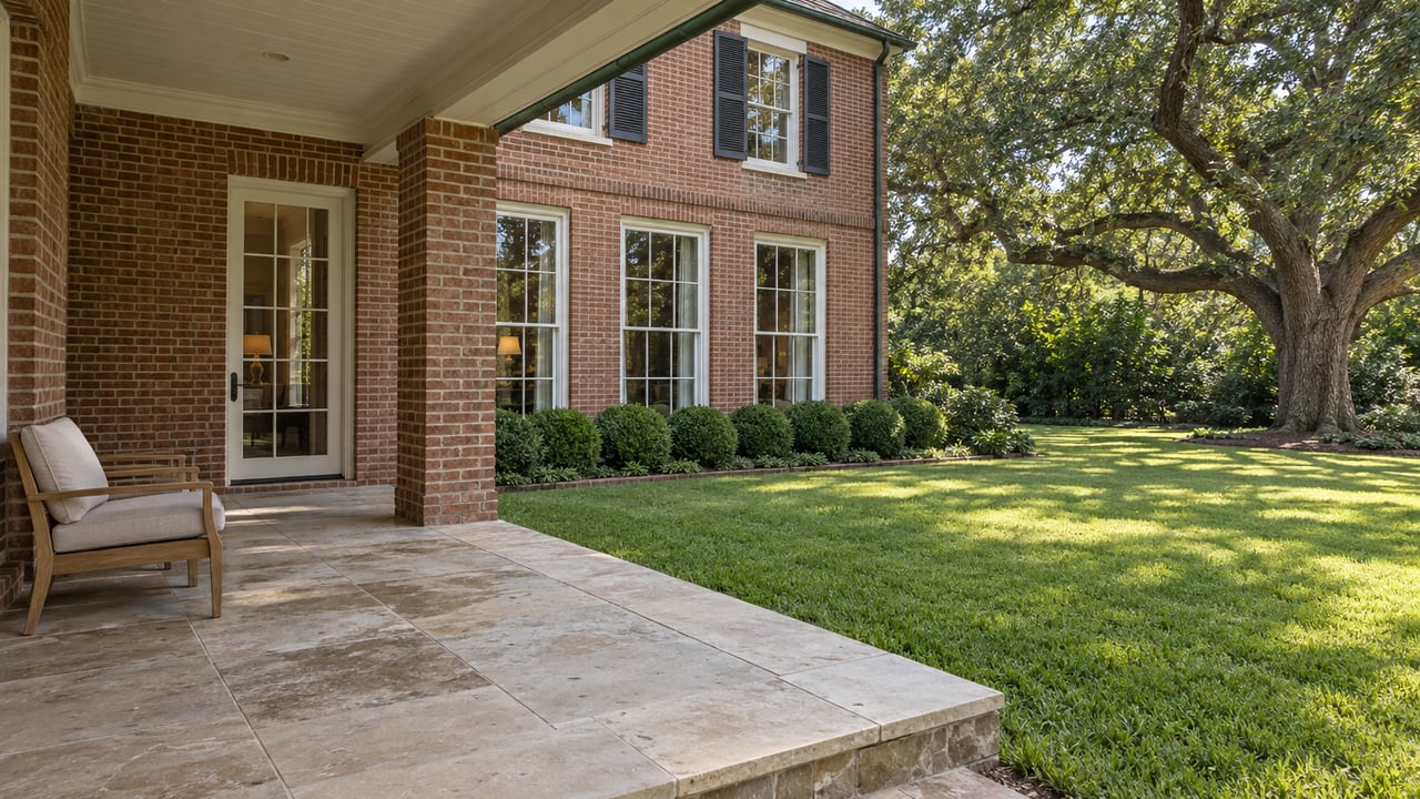 Brick home’s covered patio with a cushioned chair, green lawn, and large shade tree.