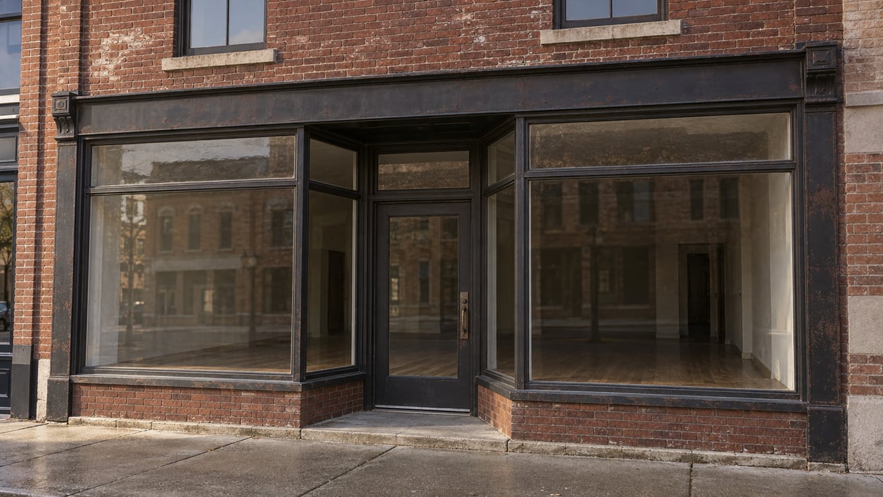 Historic brick storefront with a recessed glass door, broad display windows, and two upper-story sash windows.