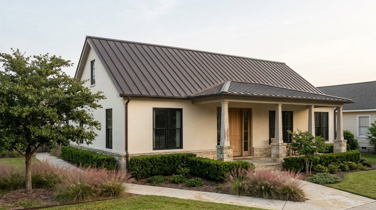 Renovated ivory-plaster bungalow with a dark metal roof, covered porch, stone piers, and oak-shaded walkway.