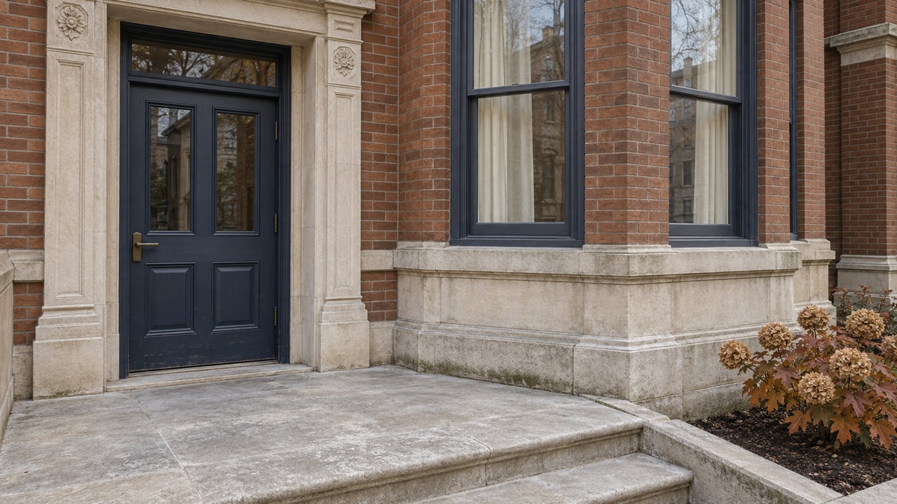 Deep-blue glazed entry door framed by worn limestone beside a red-brick bay and autumn oakleaf hydrangea.