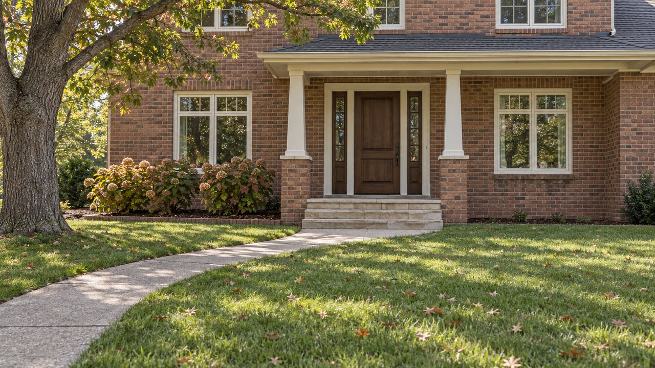 Traditional brick home with a covered limestone entry, broad lawn, oak tree and autumn oakleaf hydrangeas.