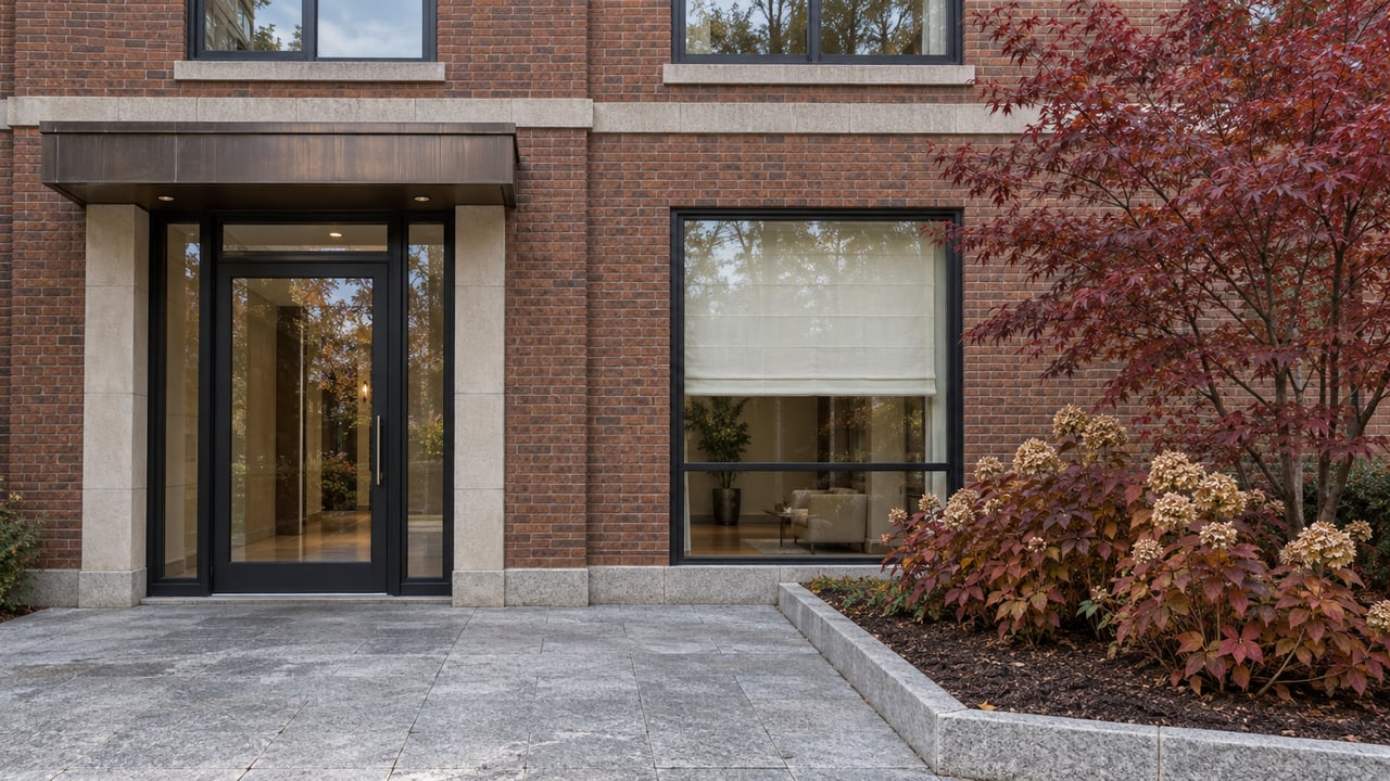 Brick condominium entry with black-framed glazing, limestone trim, a granite approach and burgundy autumn planting.