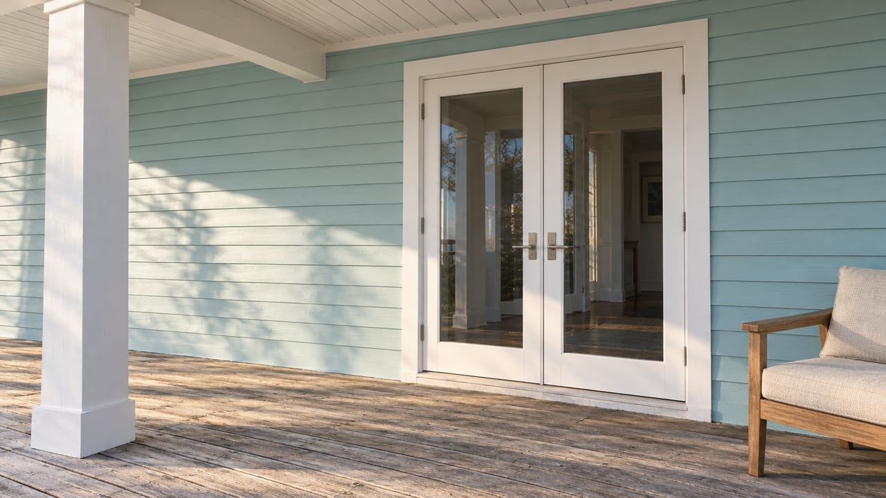 Late-afternoon light crosses weathered porch boards beside aqua siding, white French doors, and a teak lounge chair.