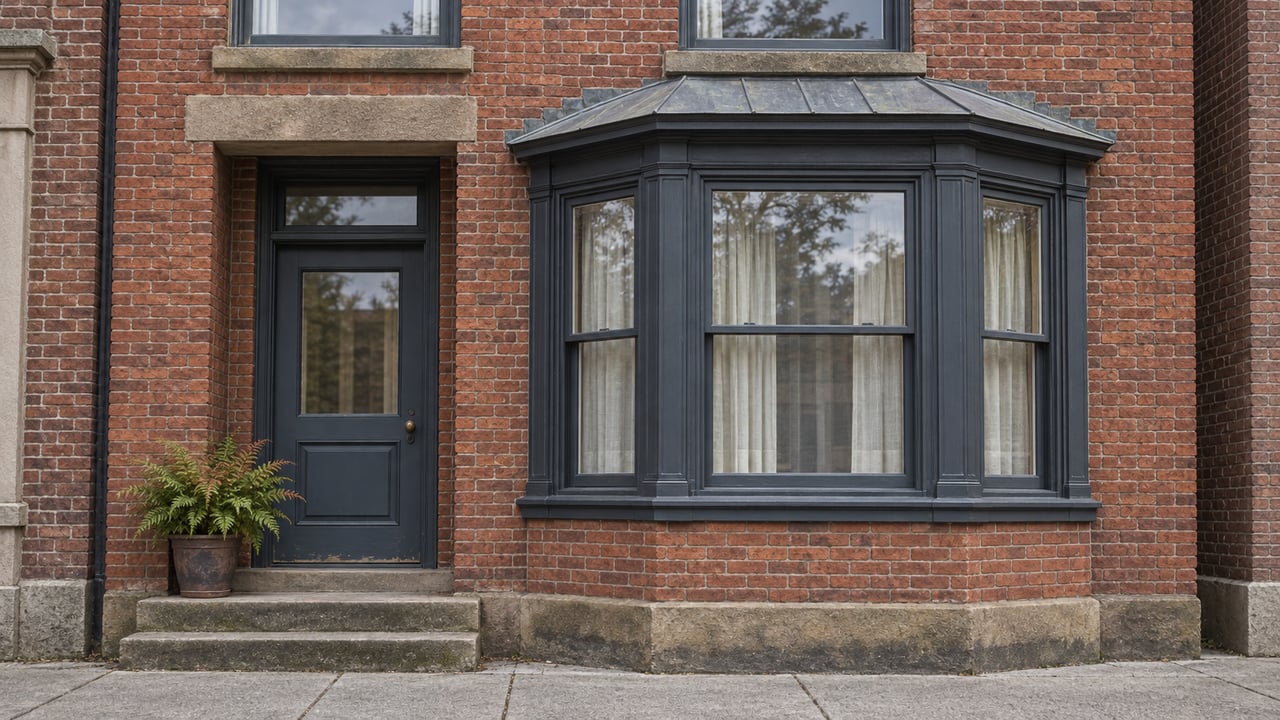 Red-brick rowhouse entrance with a slate-blue door, charcoal-painted window bay, weathered stone steps, and one potted fern.