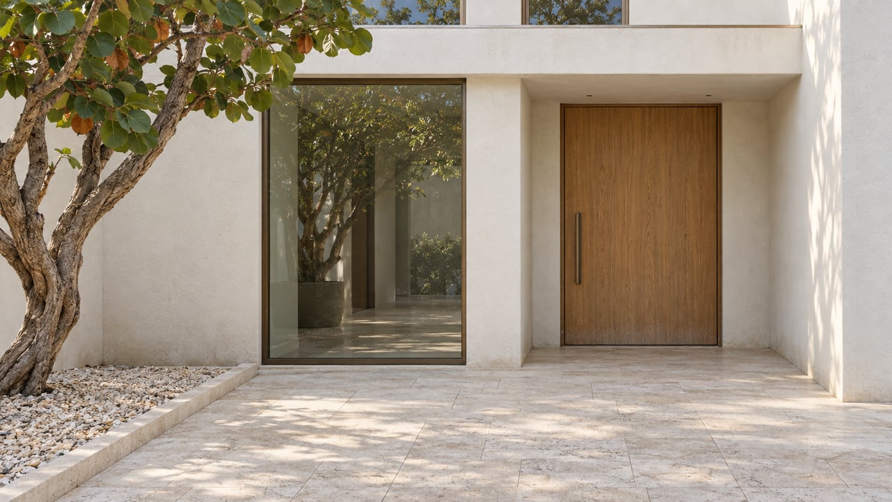 White-stucco villa entrance with an oak door, bronze-framed glass, limestone paving and a sculptural sea grape tree.