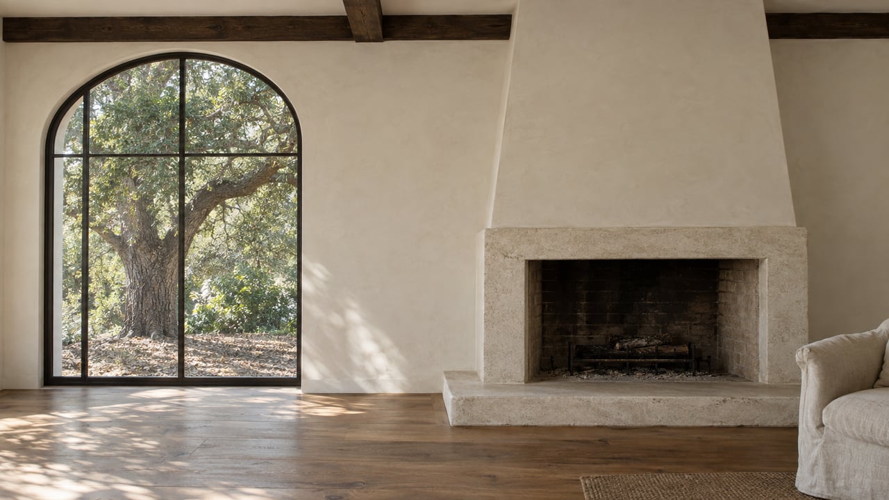 Living room with an arched window overlooking an oak tree and a broad plaster fireplace with a stone hearth.