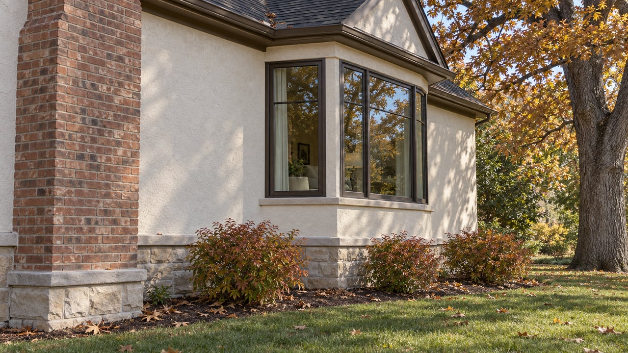 Stucco house facade with a projecting bay window, brick chimney, and copper-colored shrubs beneath an oak.