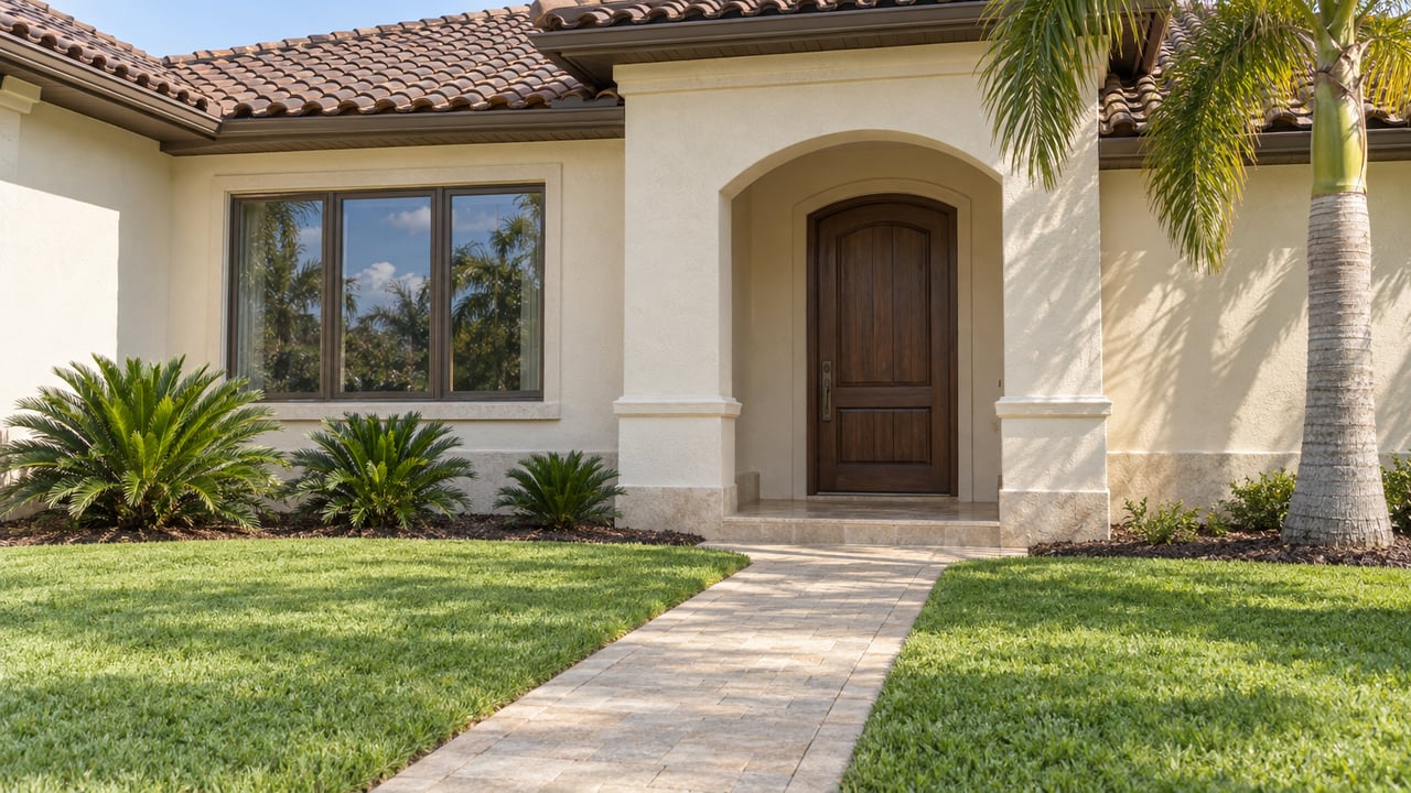 Ivory stucco home with a dark barrel-tile roof, arched entry, broad lawn and a single mature palm.