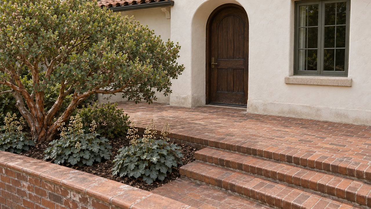 Elevated view across weathered brick entry steps toward an arched oak door in ivory stucco, beside a sculptural manzanita planting.