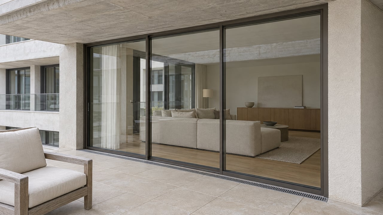 Covered condo terrace with pale stone-look paving, a teak chair and bronze-framed glass enclosing an oak-finished living room.