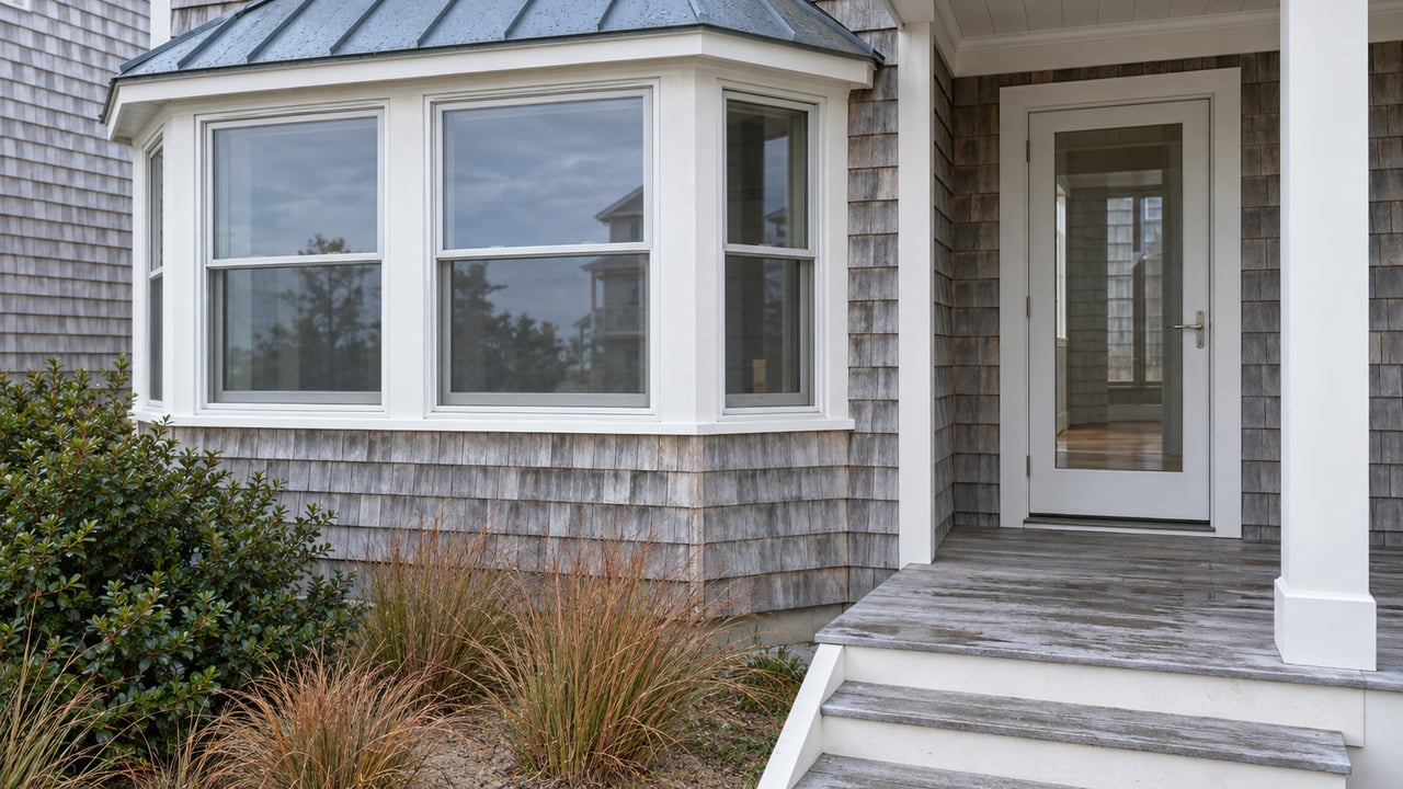 Rain-cleared cedar-shingle house entry with a white-trimmed window bay, weathered porch decking and copper-toned little bluestem.