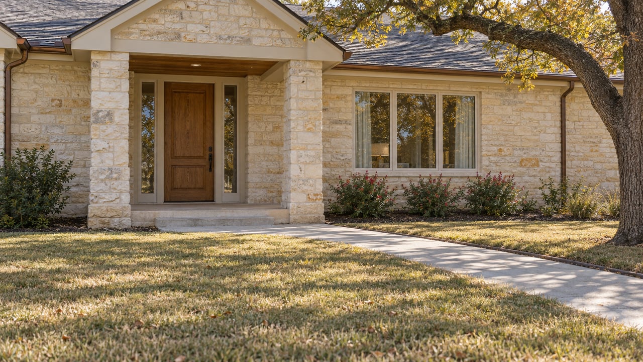 Limestone home entry with an oak door, covered porch, autumn-toned lawn and a mature spreading oak.