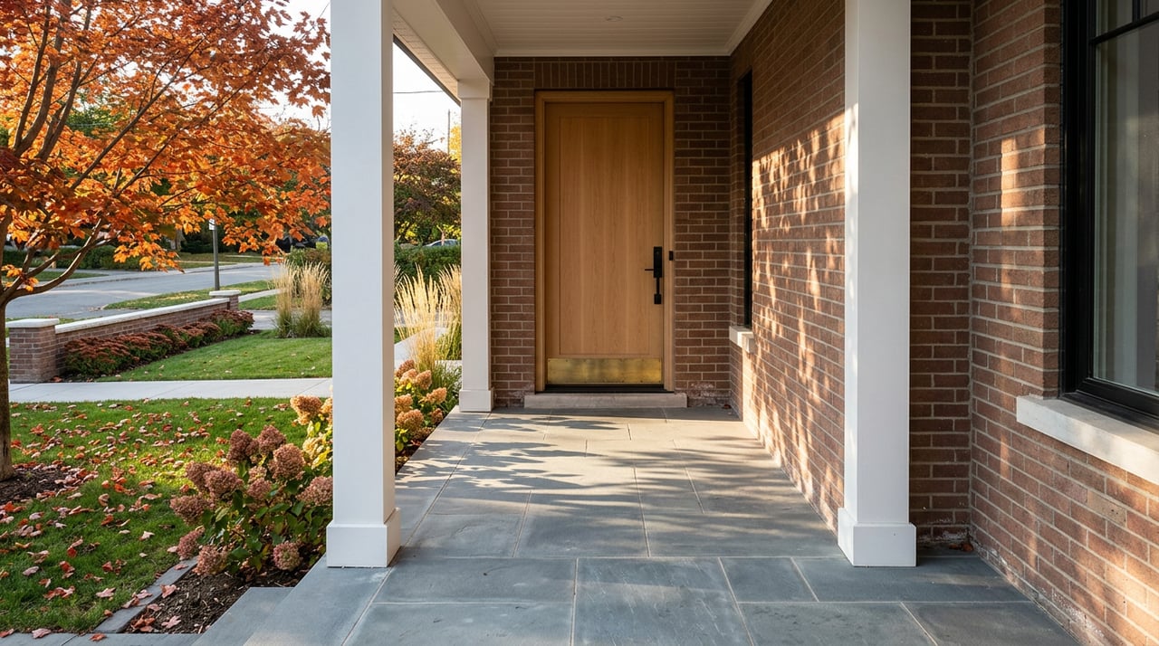 White-oak front door framed by white porch columns, with a brick facade and orange-red autumn leaves.