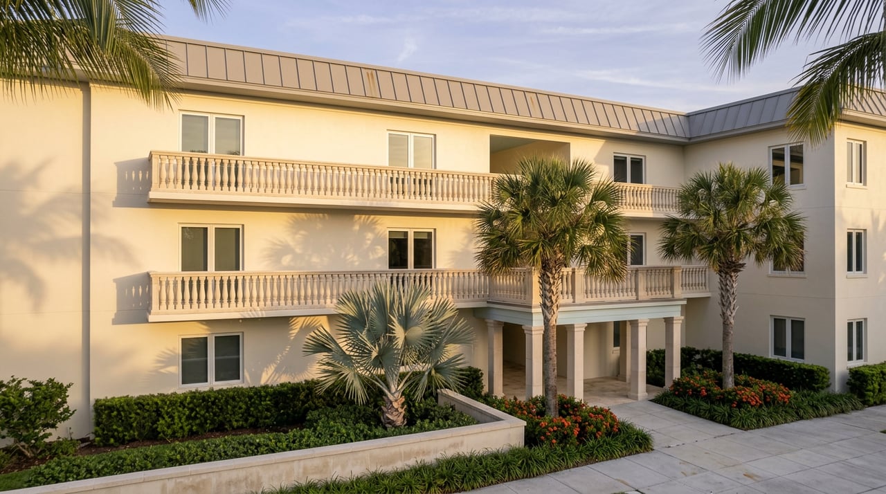 Three-story coastal condominium with cast-stone balconies, columned entry, palms, and an ivory stucco facade.