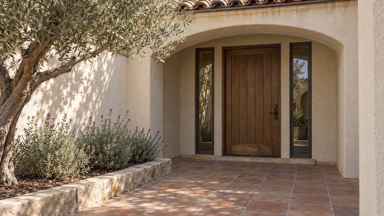 Sunlit stucco entry with a closed oak door, paired glass sidelights, worn clay tiles and an olive tree in a limestone-edged planting bed.