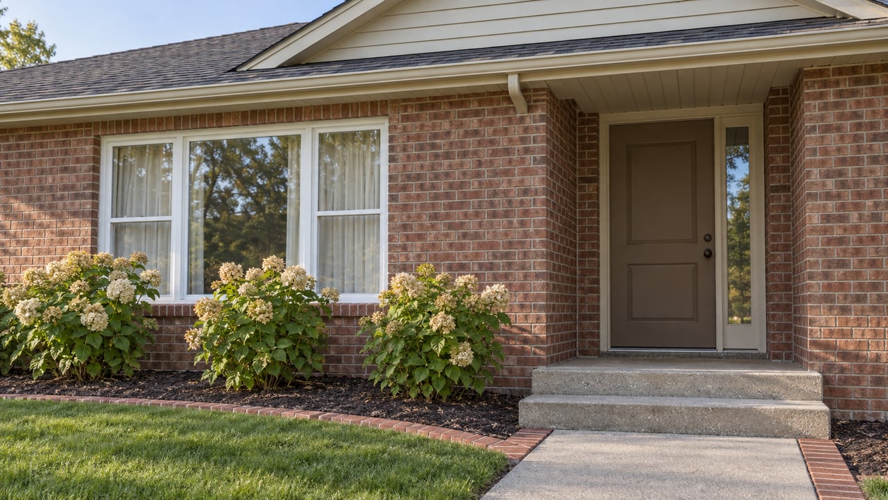 Sunlit red-brown brick home with a sheltered brown front door, white-framed window, concrete steps and cream hydrangea flowers.