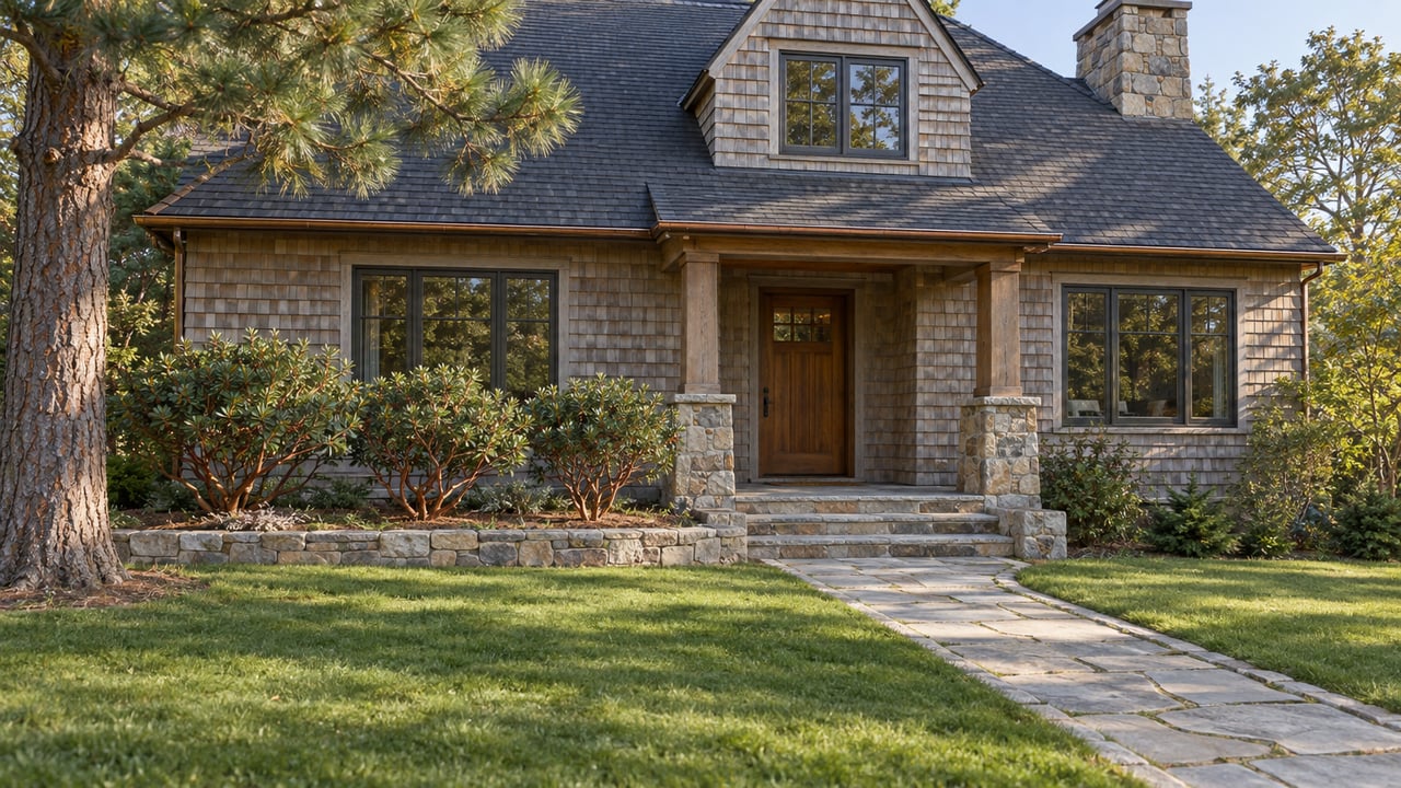 Silver-gray cedar-shingled home behind a deep lawn and stone approach, with a mature pine and individually spaced manzanita shrubs in morning light.