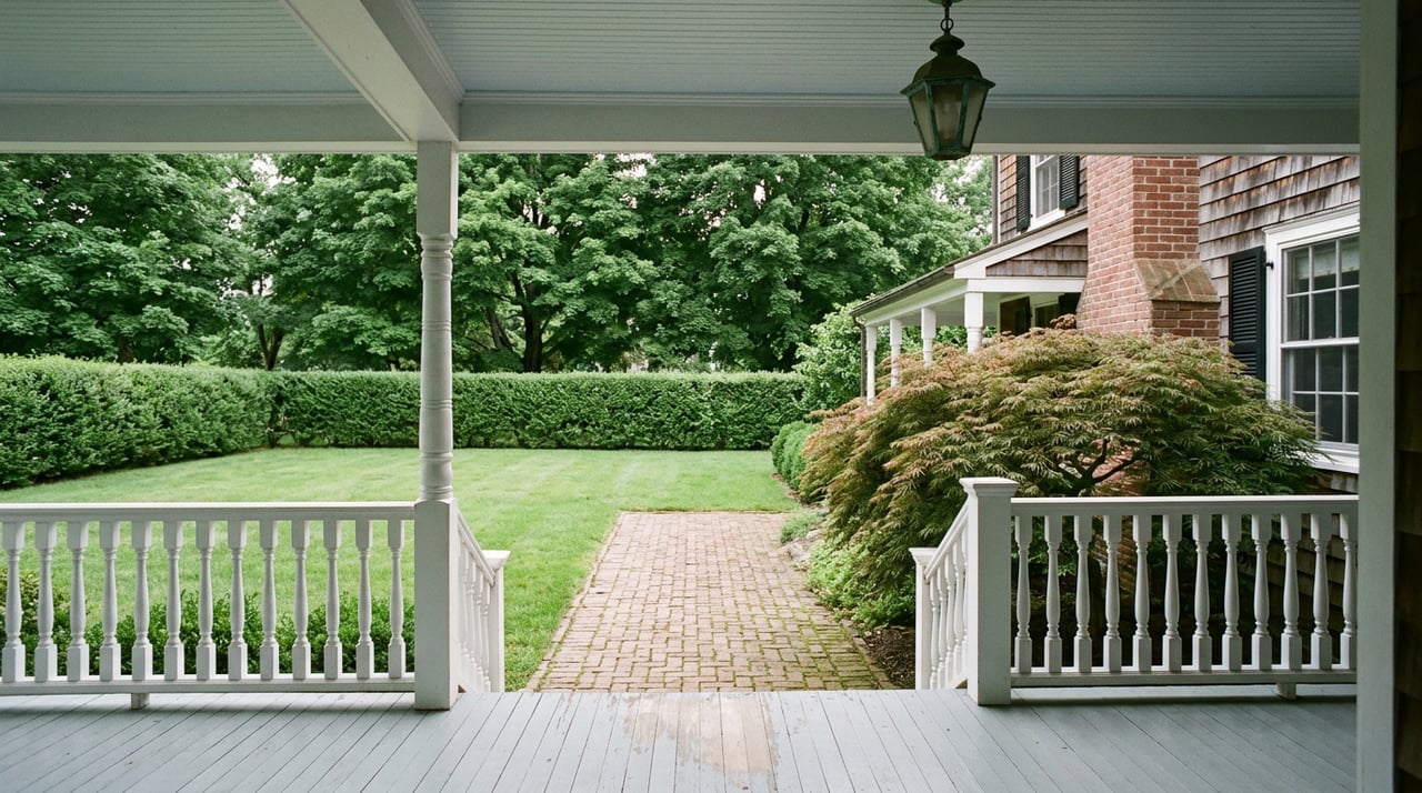 Covered veranda with white balustrade, gray-blue floorboards, and a brick path crossing the lawn toward a hedge.