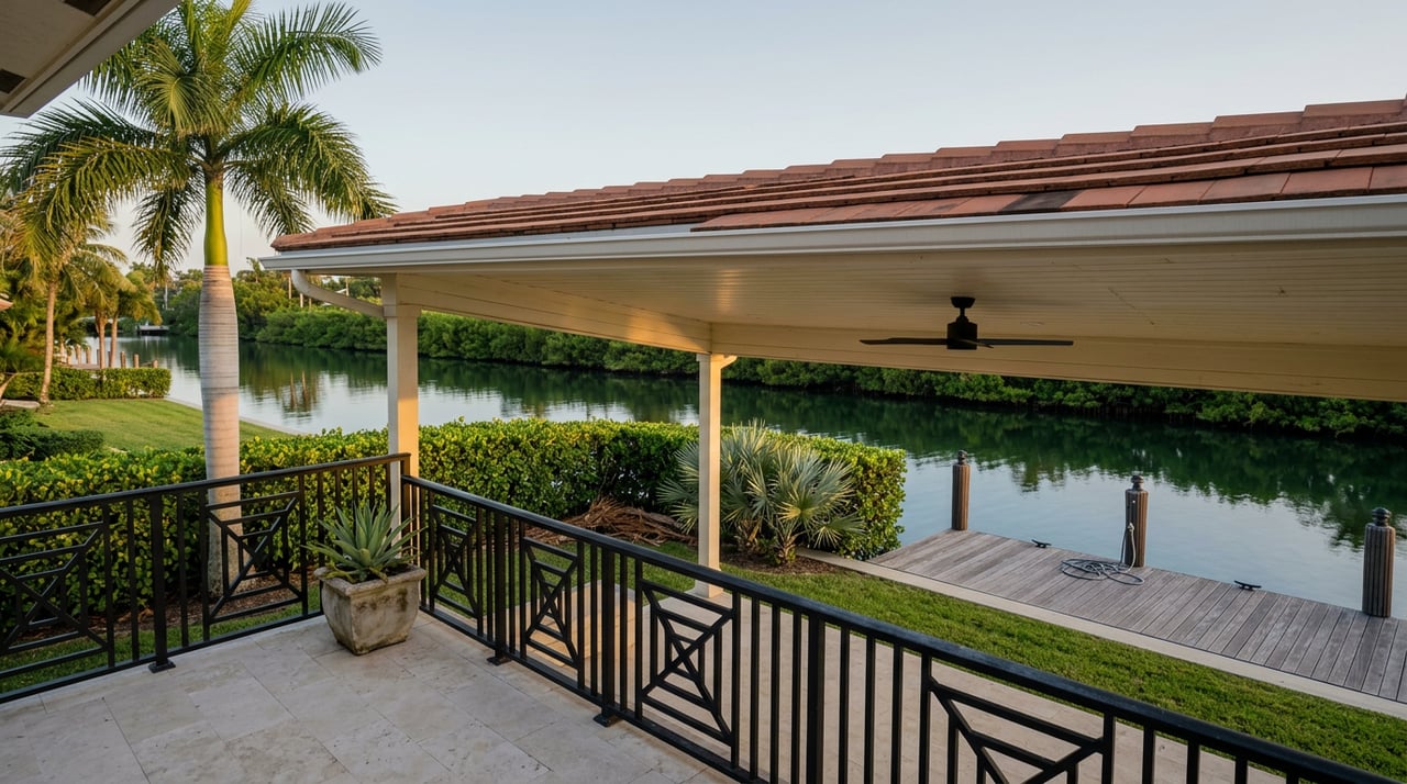 Black geometric railing overlooks a covered lanai, clipped hedge, private dock, and narrow canal.