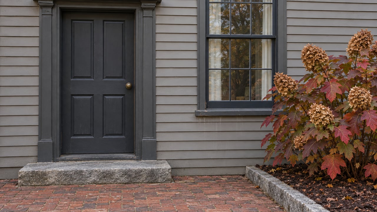 Gray clapboard entrance with a charcoal door, dark-framed sash window, worn granite step and copper-red oakleaf hydrangea.