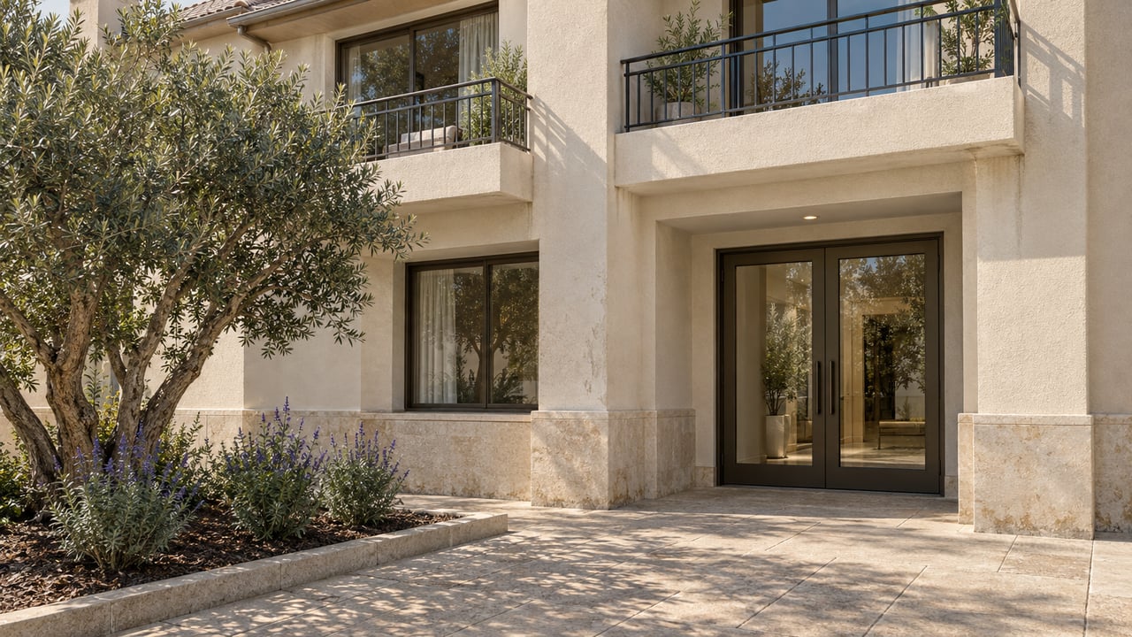 Compact stucco residence with staggered balconies, bronze-framed entry doors, and an olive tree beside the paved approach.