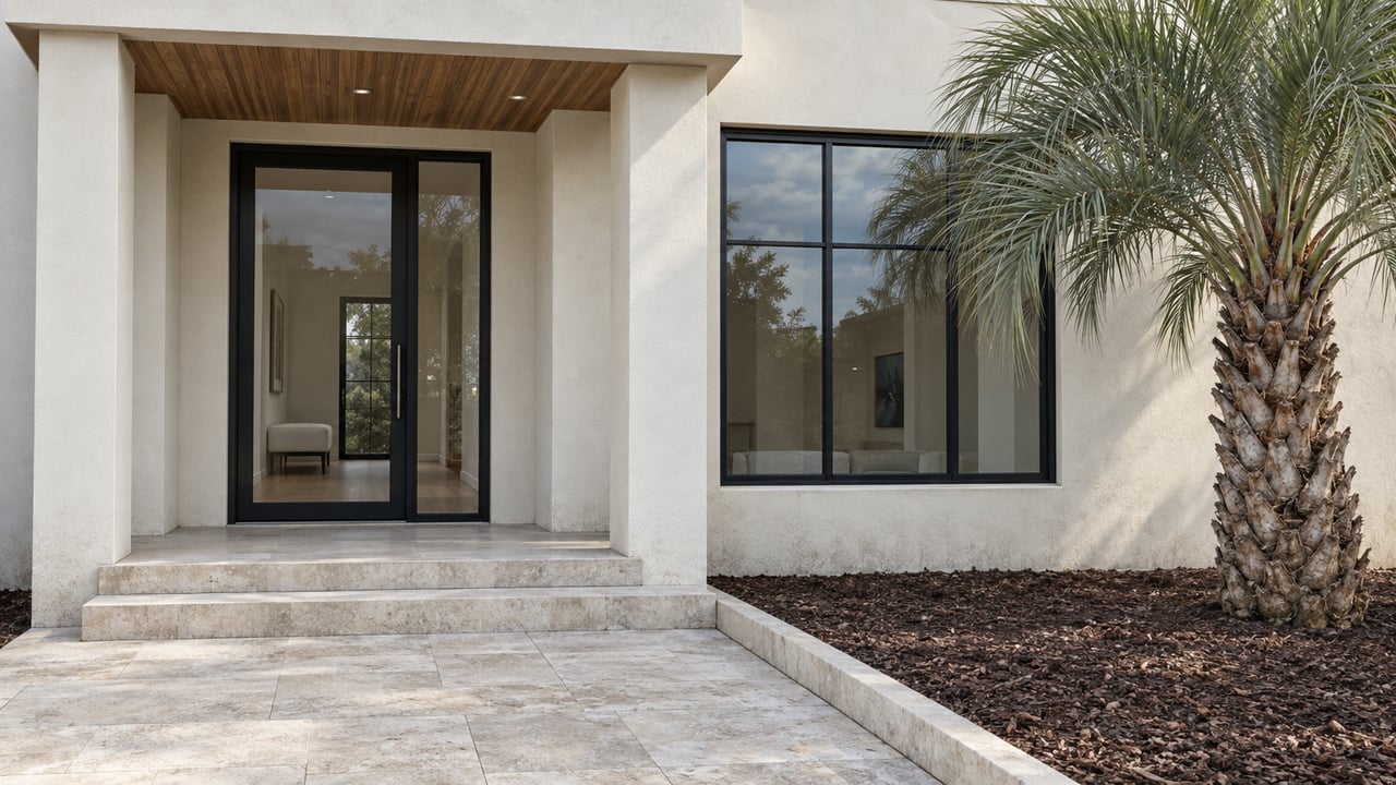 Ivory stucco home with a sheltered black-framed glass entry, limestone steps and a silver-green palm.