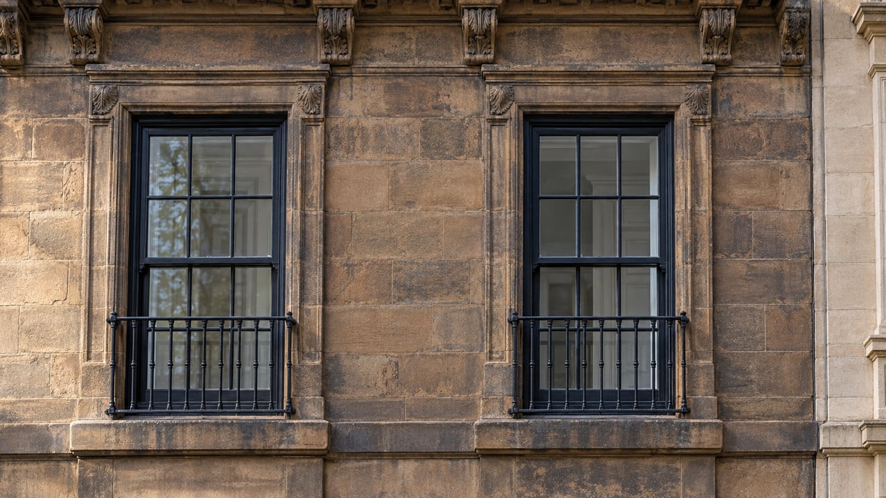 Brown sandstone townhouse facade with two tall windows, black iron guards, and a carved stone cornice.