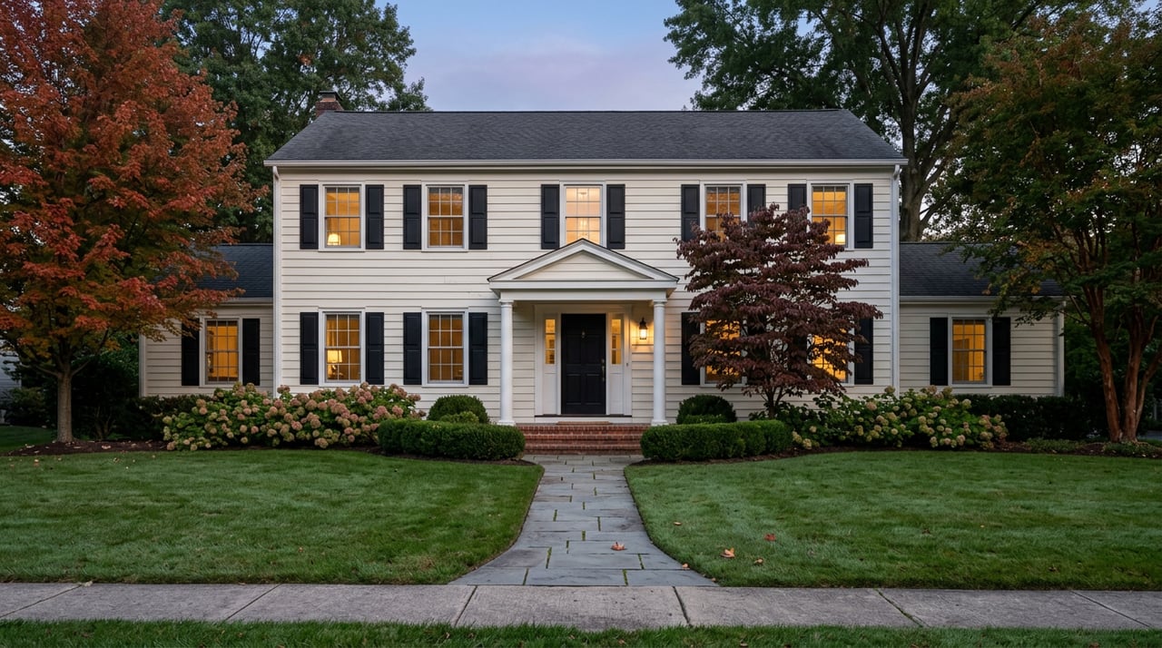 White Colonial house with black shutters, glowing windows, and a curved stone walkway through the autumn lawn.