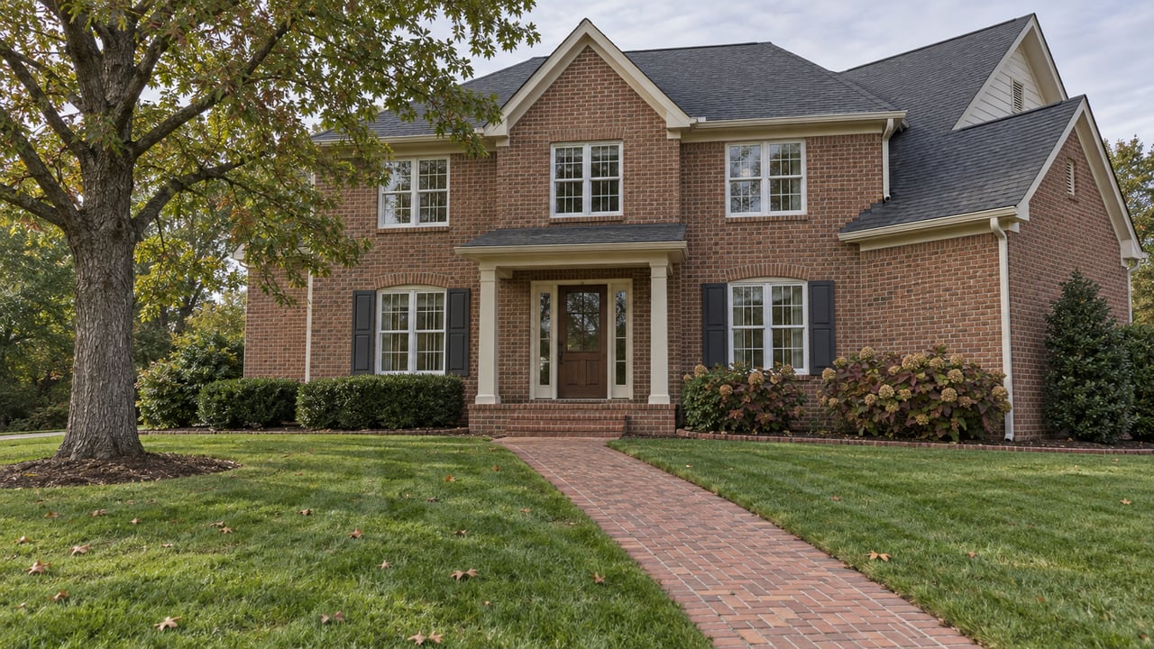 Traditional brick home with a deep green front lawn, brick approach, ivory porch columns and early-autumn oak foliage.