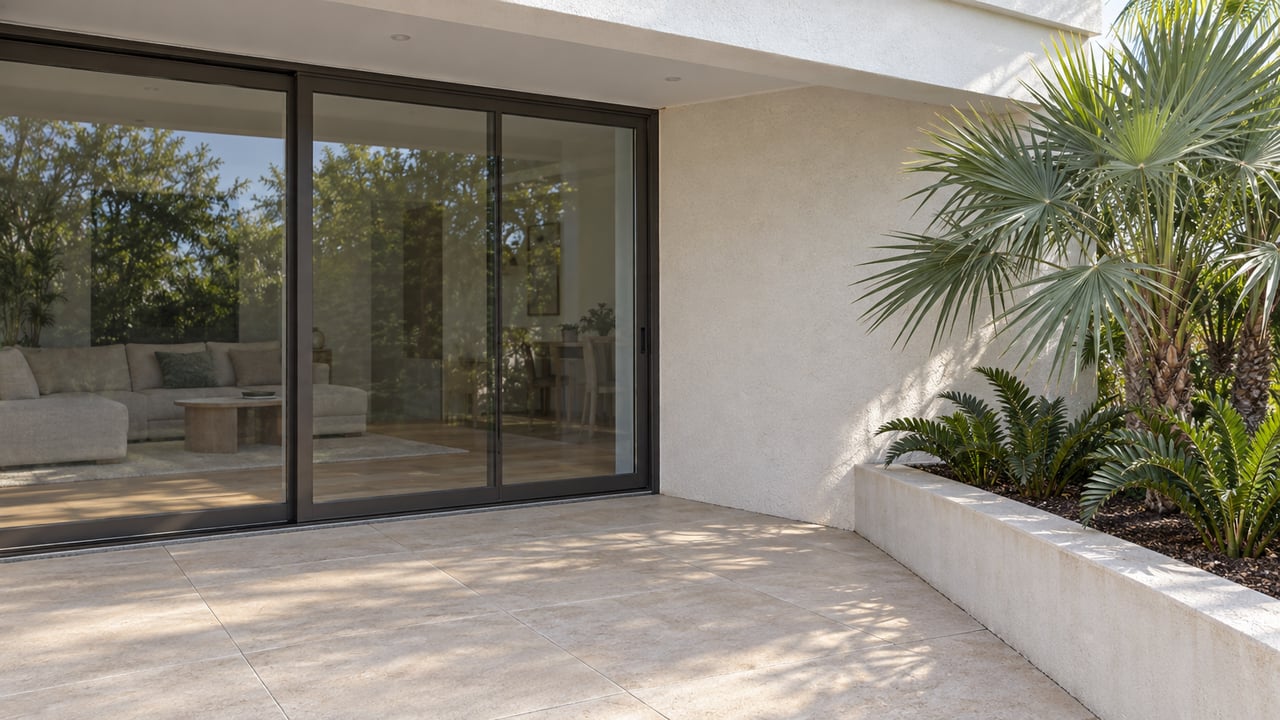 A contemporary home's shaded terrace with tall closed glass doors, pale stucco and a raised planter of silver-green fan palm and coontie.
