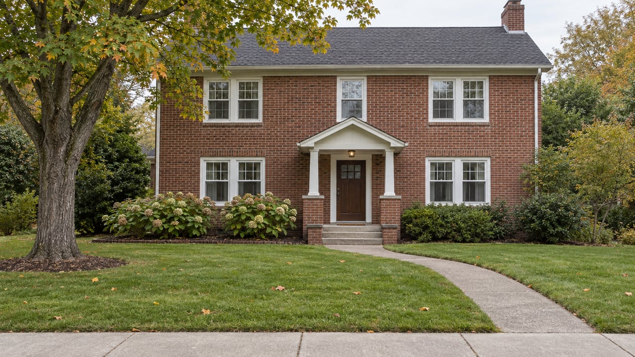 Traditional two-story brick home beyond a broad autumn lawn, with a mature maple and a small covered front entry.