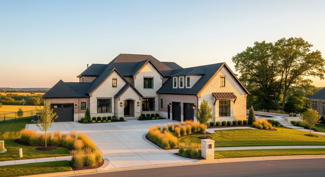 Large stone-and-shingle house with multiple gables, broad driveway, landscaped grasses, and a mature tree.