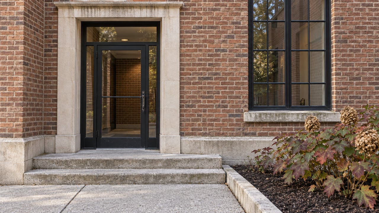 Red-brick apartment entrance with a limestone surround, black glazed door, broad concrete steps and an autumn oakleaf hydrangea.
